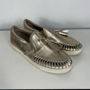 J SLIDES Gold Metallic Loafers with Tassels